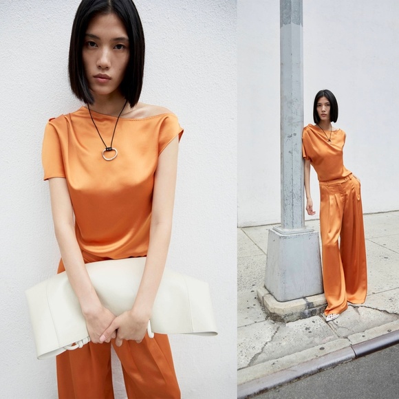 NWT ANNA QUAN | Astra Satin Draped Off-The-Shoulder Top in Kumquat | Size 6 - Picture 1 of 14